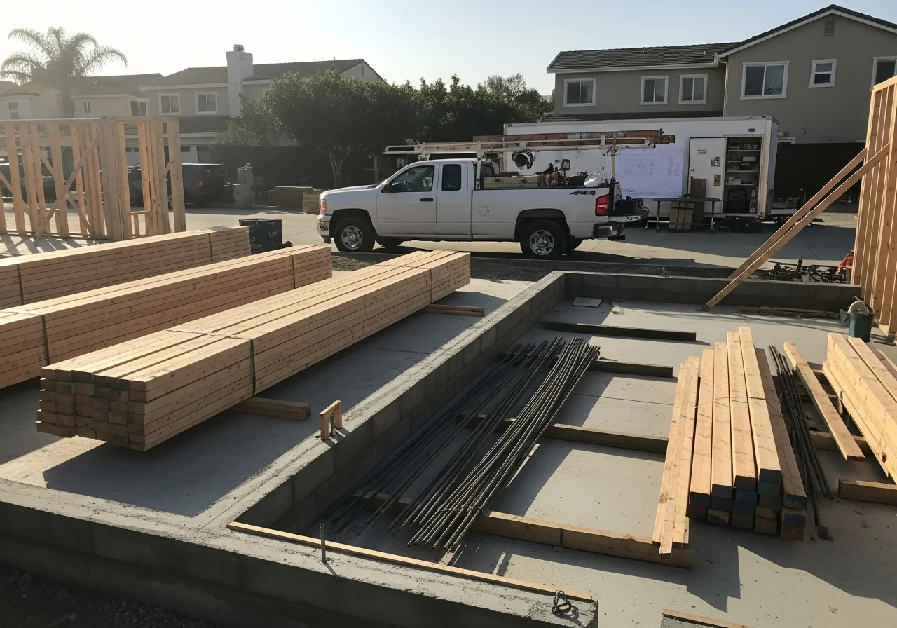 Construction crew and tools ready for framing and concrete work on a residential project.