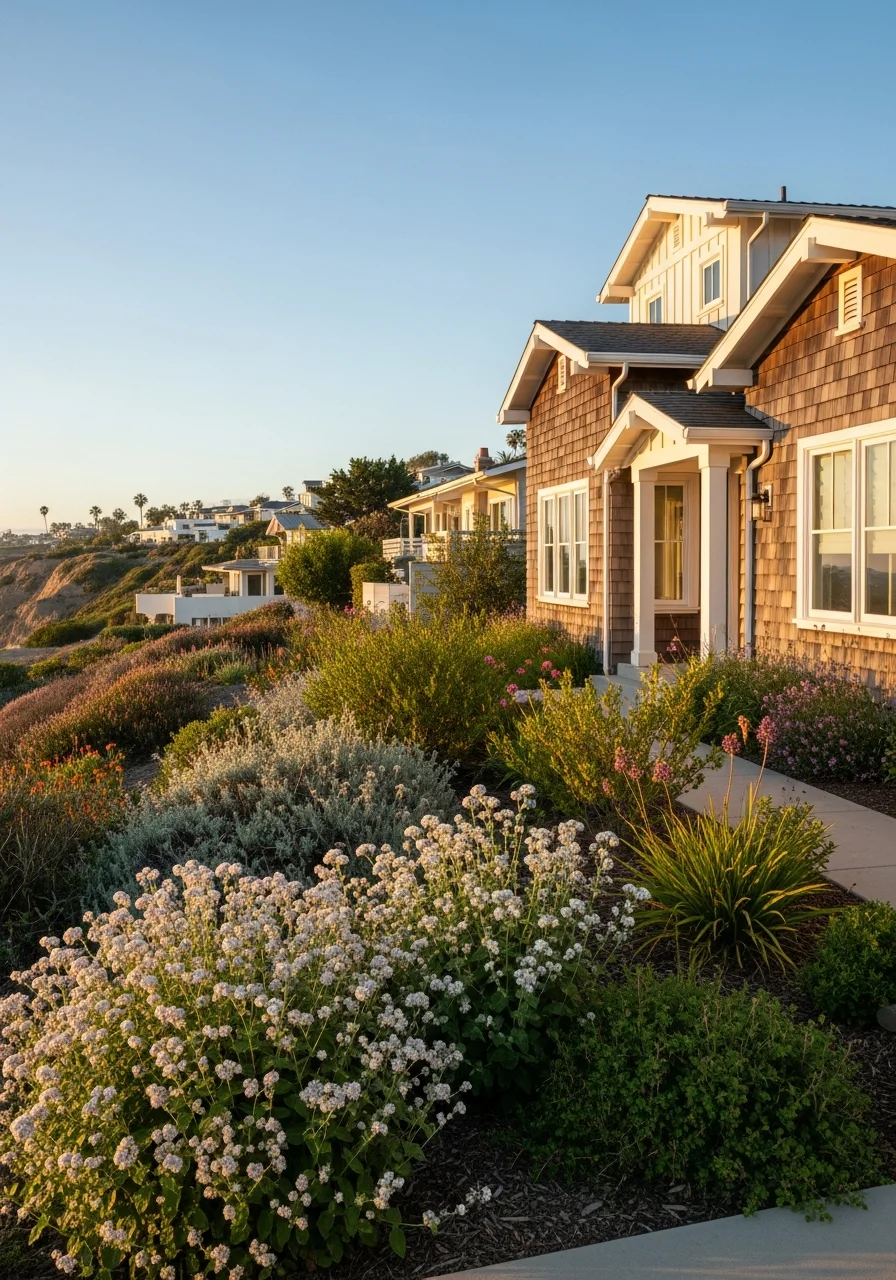 Encinitas homeowner standing in front of a well-maintained coastal property with native landscaping and ocean-view potential.