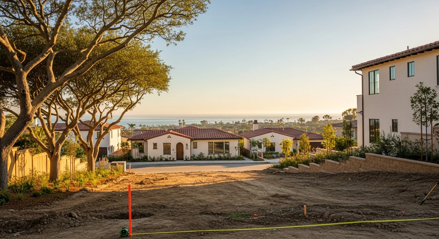 Coastal Encinitas neighborhood with Mediterranean-style homes and ocean views in the distance, representing North County San Diego residential services.