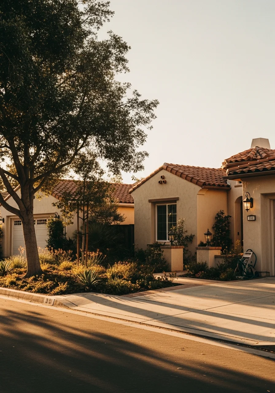 Oceanside residential street with mature trees and well-maintained homes typical of established North County neighborhoods.