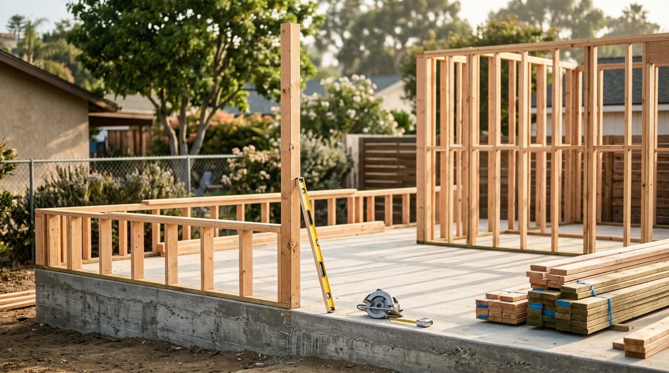 A newly built detached accessory structure with a clean exterior finish on a residential lot in Encinitas, California. The building sits within the rear yard of a single-family property in the 92024 area, showing clear setbacks from the property line.