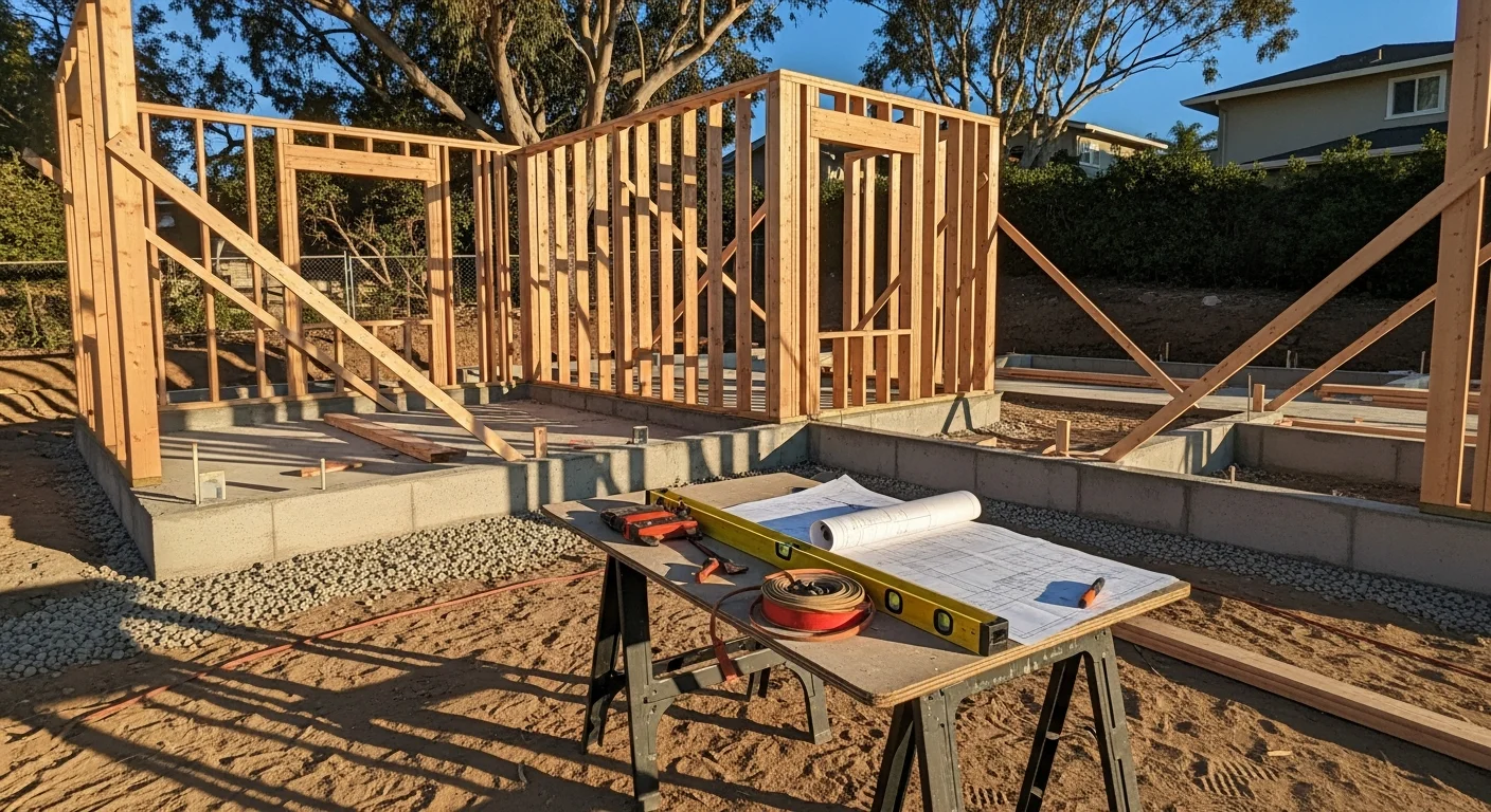 A newly constructed detached ADU in a residential backyard in Encinitas, California, with exterior finishes matching the primary home. The single-story structure features a pitched roof and landscaped pathway leading to the entrance.