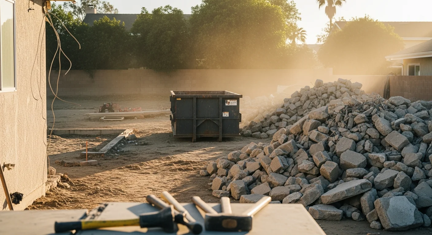 A residential structure in Encinitas, CA 92024 mid-demolition with an excavator removing the roof and exterior walls. The cleared lot shows sorted debris staged for compliant disposal.
