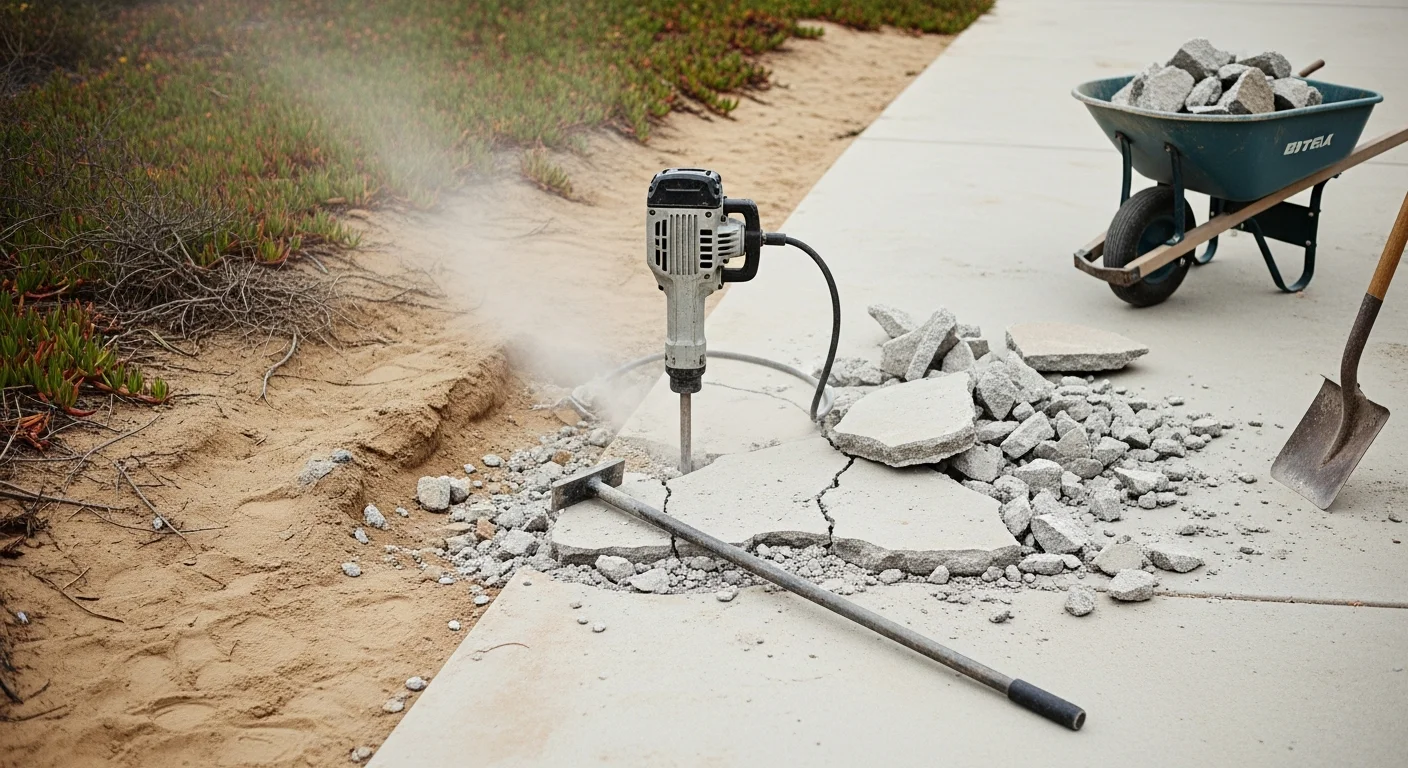 Broken concrete driveway slab being removed from a residential property in Encinitas, California 92024. A crew uses demolition equipment to break and clear the old concrete in preparation for a new pour.