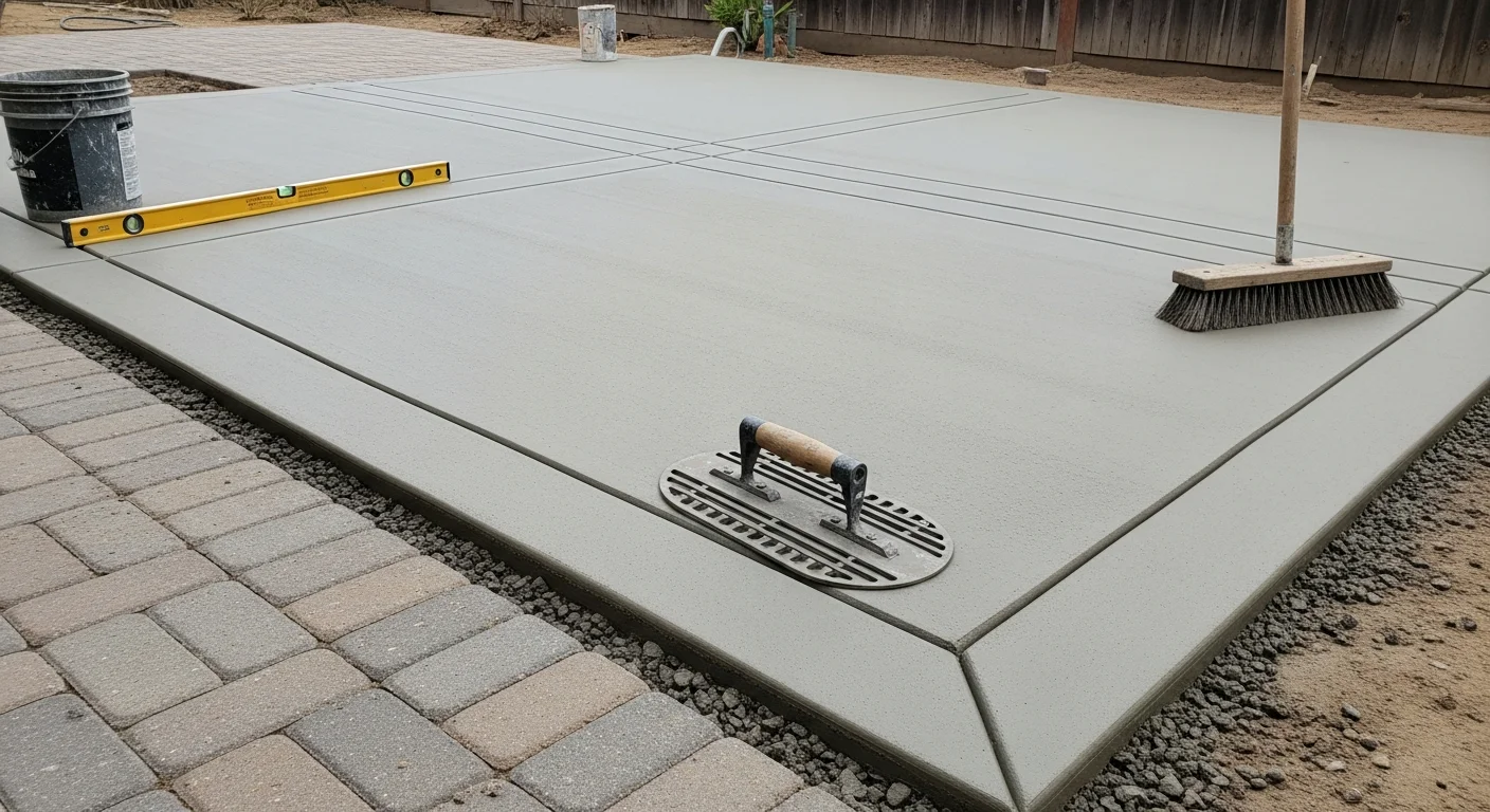 Freshly finished concrete patio surface on a residential property in Encinitas, CA 92024, showing a smooth broom-textured finish with clean edges. The slab is set against a coastal Southern California backyard with clear drainage slope visible along the perimeter.