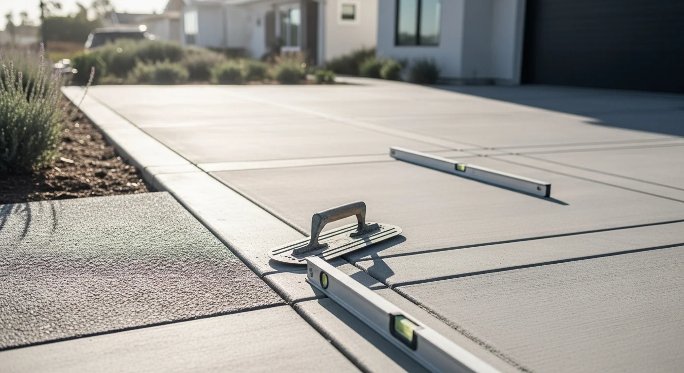 Freshly poured concrete driveway at a residential property in Encinitas, California, 92024, with a smooth broom finish and clean edges along the lot line. The coastal neighborhood setting is visible in the background with typical North County San Diego homes.