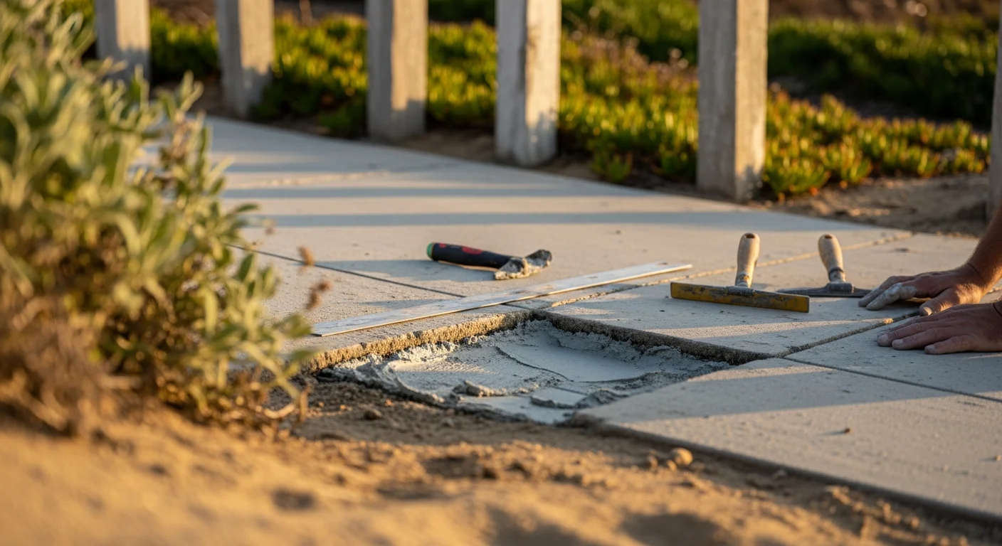 A repaired residential concrete driveway in Encinitas, 92024, showing a smooth, crack-free surface in front of a single-family home. The finished slab shows clean joint lines and an even surface grade typical of coastal North County San Diego properties.