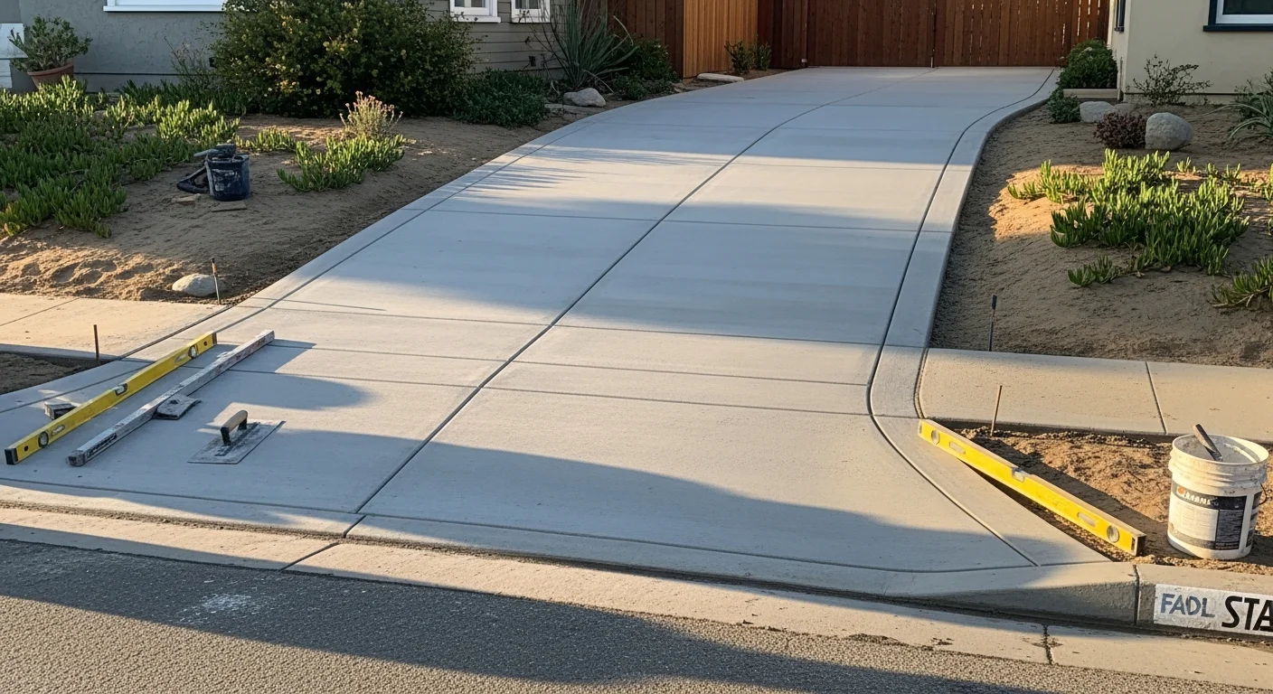 Freshly poured and finished concrete driveway at a residential property in Encinitas, CA 92024. The smooth gray slab runs from the street to the garage, with clean edges and a broom-finish texture suited to the coastal climate.