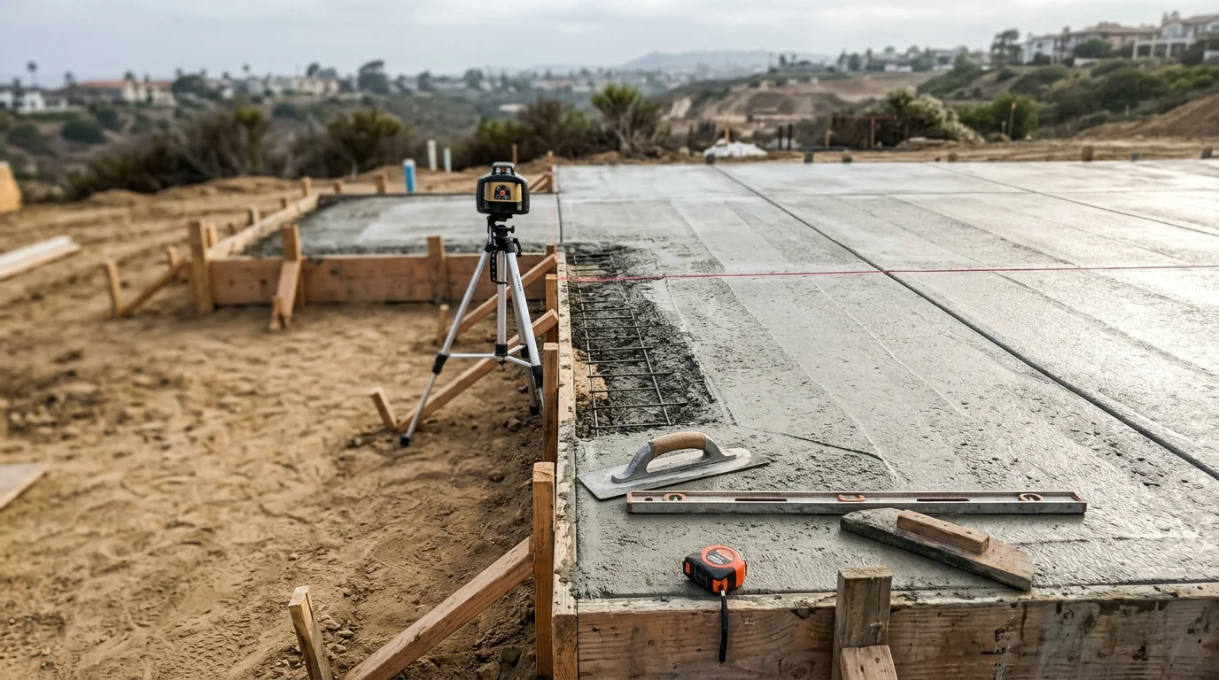 Freshly poured reinforced concrete foundation slab at a residential construction site in Encinitas, CA 92024. Steel rebar grid is visible at the edges of the wet concrete pour with coastal surroundings in the background.