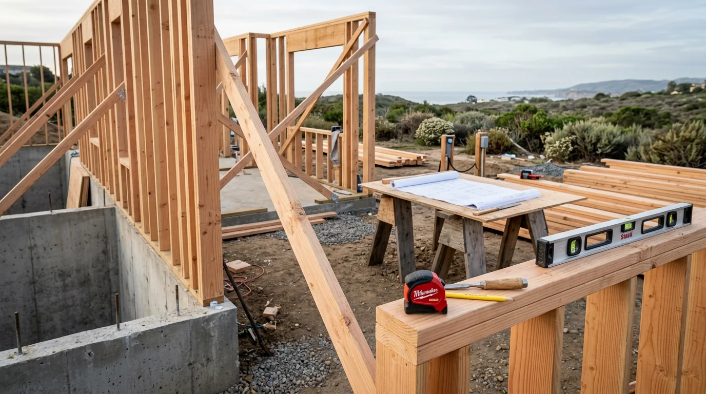 A general construction project underway at a residential property in Encinitas, California, showing framed walls and an active build site with coastal North County surroundings visible in the background.