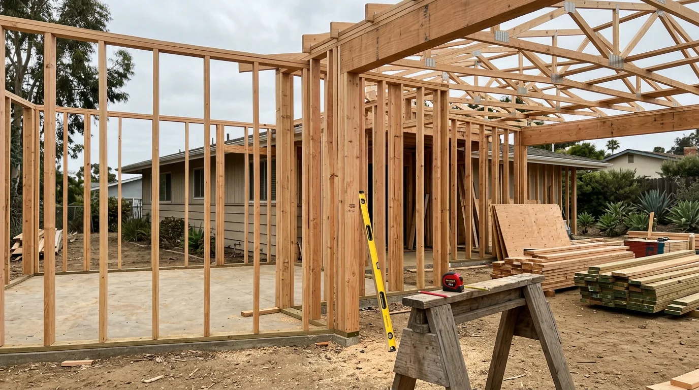 A newly completed single-story home addition in Encinitas, California, showing a framed room extension with exterior finishes matching the existing ranch-style house. The addition connects seamlessly to the original roofline on a residential lot in the 92024 area.