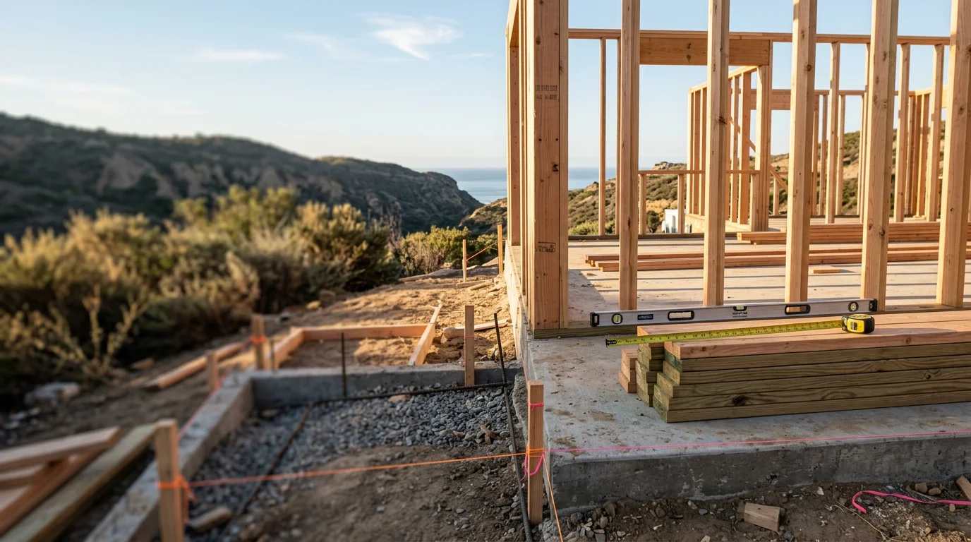 A newly framed single-family home under construction on a residential lot in Encinitas, California, with wood framing and open blue sky visible. A general contractor reviews plans on site during the new home construction process in San Diego County.