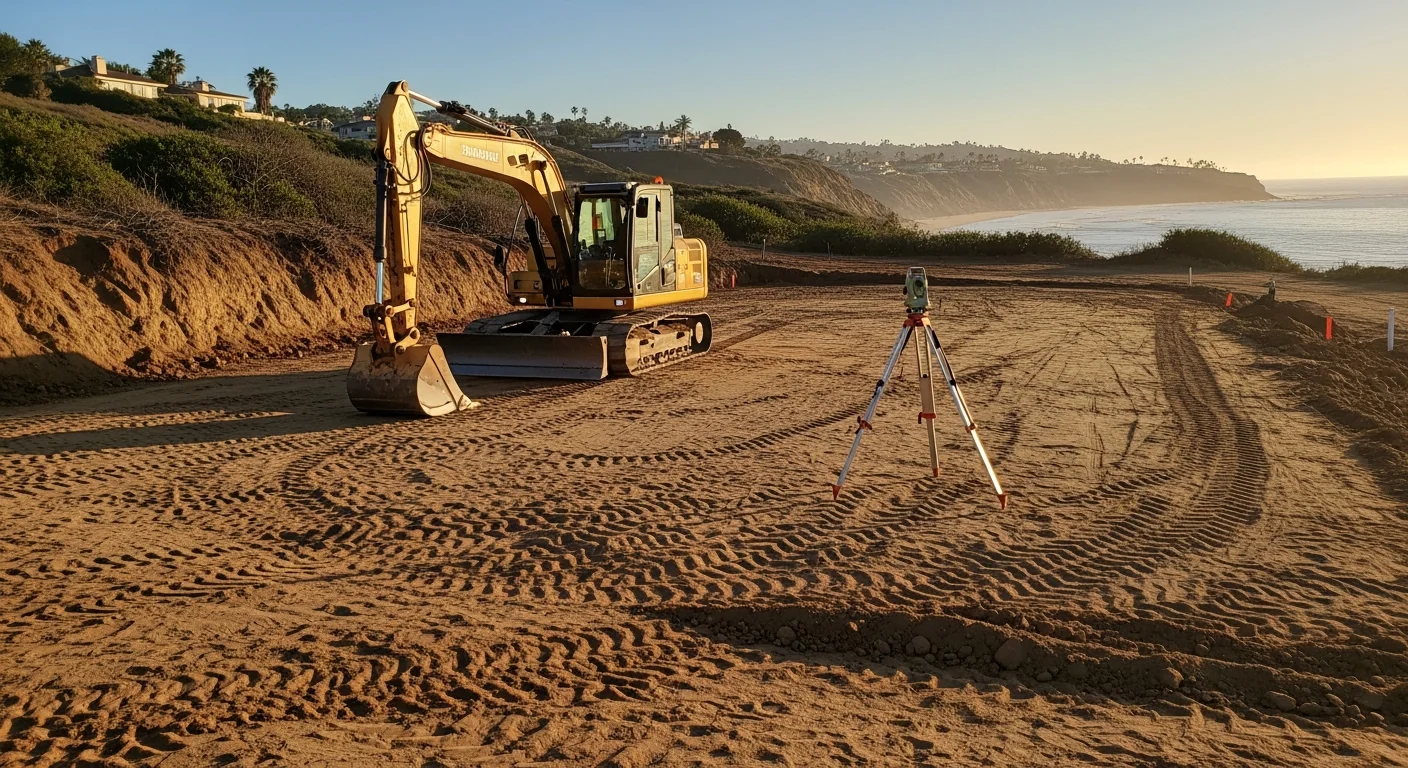 A graded and compacted residential lot in Encinitas, California, with smooth leveled soil and defined slope edges ready for foundation work. Heavy equipment tracks are visible across the prepared ground with a cleared building pad in the foreground.
