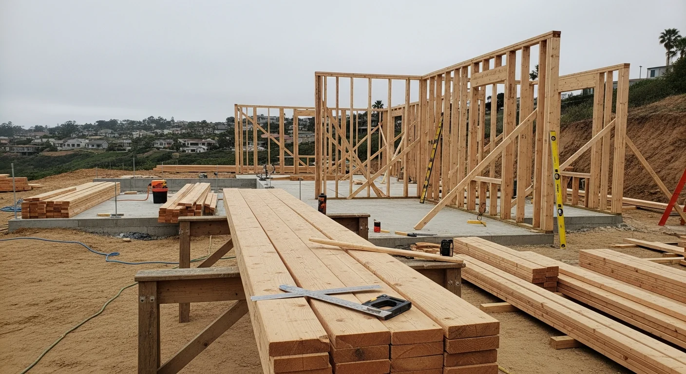 Exposed wood structural framing on a residential addition in Encinitas, CA 92024, showing floor joists, wall studs, and roof rafters at the rough framing stage. A general contractor crew works on the frame of a coastal-area home with clear blue sky visible above the open structure.